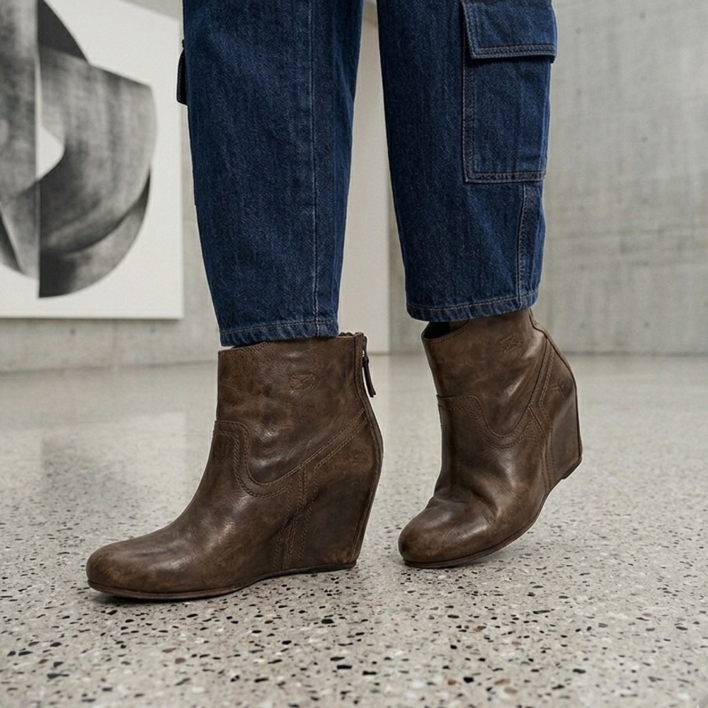 Frye Brown Leather Wedge Ankle Booties